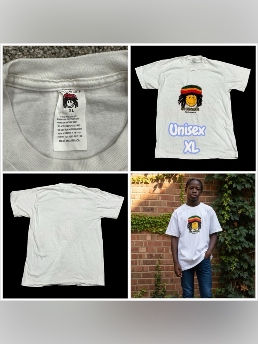 Unisex XL Vintage JAMAICA NO PROBLEM Rasta Short Sleeve T-Shirt Top Tee White